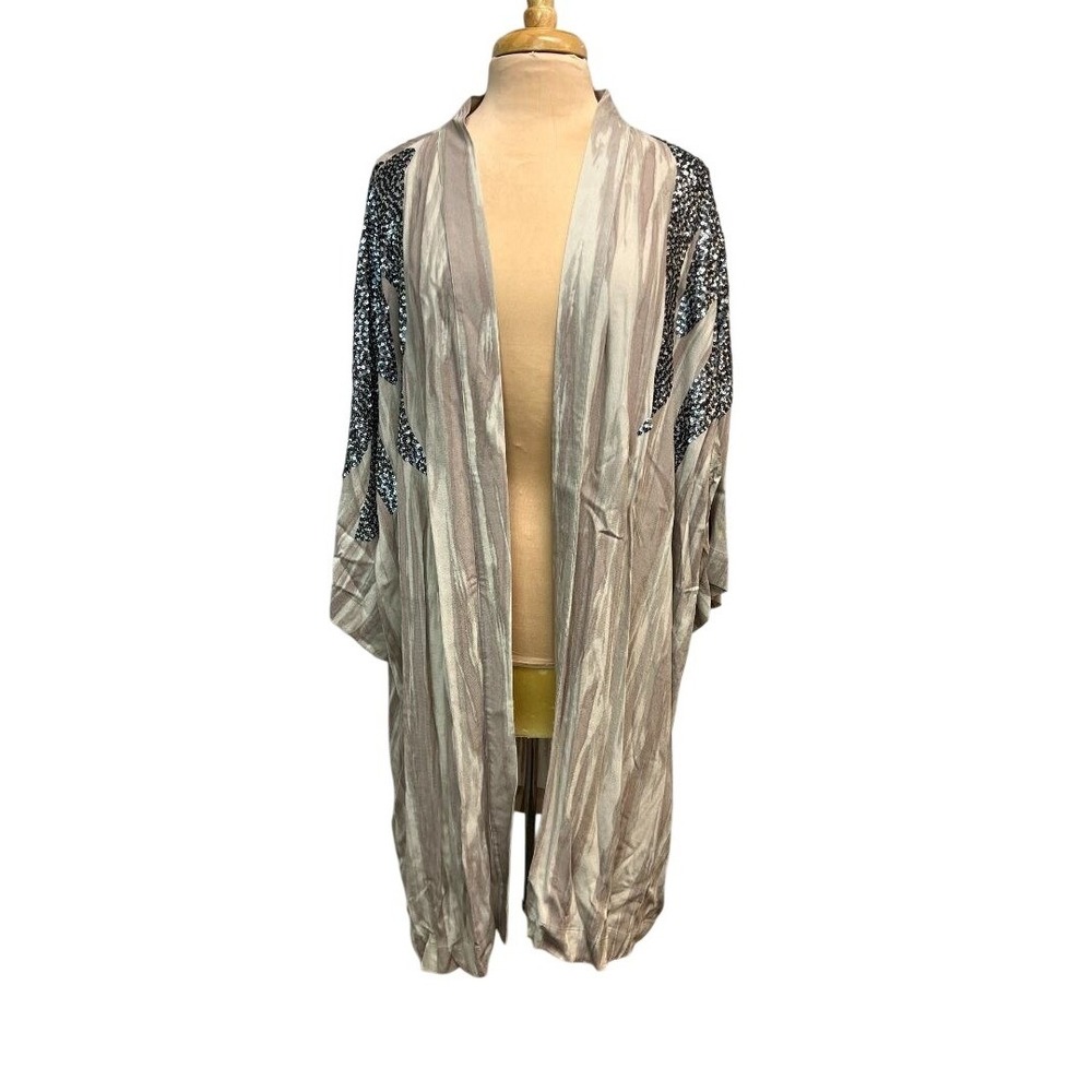Haute Hippie Kimono Women‎ 1X Taupe Excellent Sequin Embellished Open Front